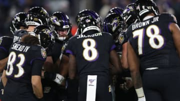 BALTIMORE, MARYLAND - DECEMBER 12: Quarterback Lamar Jackson #8 of the Baltimore Ravens looks on against the New York Jets at M&T Bank Stadium on December 12, 2019 in Baltimore, Maryland. (Photo by Patrick Smith/Getty Images)