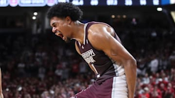 Feb 11, 2023; Fayetteville, Arkansas, USA; Mississippi State Bulldogs forward Tolu Smith (1) celebrates after scoring against the Arkansas Razorbacks during the second half at Bud Walton Arena. Bulldogs won 70-64. Mandatory Credit: Nelson Chenault-USA TODAY Sports