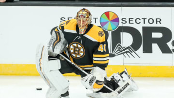 Jan 23, 2021; Boston, Massachusetts, USA; Boston Bruins goalie Tuukka Rask (40) stretches during warm ups before playing the Philadelphia Flyers at TD Garden. Mandatory Credit: Paul Rutherford-USA TODAY Sports