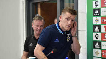 BELFAST, NORTHERN IRELAND - OCTOBER 04: Northern Ireland manager Michael O'Neill (L) ans captain Steve Davis (R) arrive for a player manager press conference at Windsor Park on October 4, 2017 in Belfast, Northern Ireland. Northern Ireland play Germany in a 2018 World Cup group C qualifier tomorrow evening. (Photo by Charles McQuillan/Getty Images)