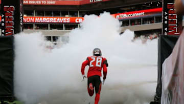 Dec 11, 2016; Tampa, FL, USA;Tampa Bay Buccaneers cornerback Vernon Hargreaves (28) runs out onto the field as he is introduced before the game against the New Orleans Saints at Raymond James Stadium. Mandatory Credit: Kim Klement-USA TODAY Sports