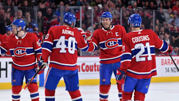 MONTREAL, QC - NOVEMBER 9: Shea Weber #6 of the Montreal Canadiens celebrates with teammates after scoring his second goal against the Los Angeles Kings in the NHL game at the Bell Centre on November 9, 2019 in Montreal, Quebec, Canada. (Photo by Francois Lacasse/NHLI via Getty Images)