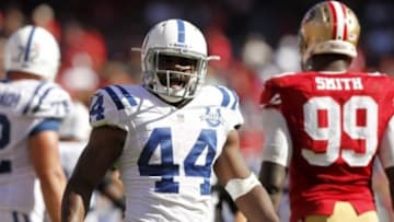 Sep 22, 2013; San Francisco, CA, USA; Indianapolis Colts running back Ahmad Bradshaw (44) reacts after running for a 5 yard gain in the fourth quarter at Candlestick Park. The Colts defeated the 49ers 27-7. Mandatory Credit: Cary Edmondson-USA TODAY Sports