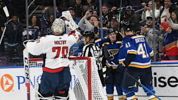 ST. LOUIS, MO. - JANUARY 03: Blues players celebrate after scoring in the first period during an NHL game between the Washington Capitals and the St. Louis Blues on January 03, 2019, at Enterprise Center, St. Louis, MO. (Photo by Keith Gillett/Icon Sportswire via Getty Images)