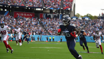 Sep 11, 2022; Nashville, Tennessee, USA; Tennessee Titans wide receiver Treylon Burks (16) runs after a catch during the first half against the New York Giants at Nissan Stadium. Mandatory Credit: Christopher Hanewinckel-USA TODAY Sports