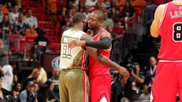 MIAMI, FL - NOVEMBER 10: Dwyane Wade #3 of the Chicago Bulls shares a hug with Dion Waiters #11 of the Miami Heat before the game on November 10, 2016 at AmericanAirlines Arena in Miami, Florida. NOTE TO USER: User expressly acknowledges and agrees that, by downloading and or using this Photograph, user is consenting to the terms and conditions of the Getty Images License Agreement. Mandatory Copyright Notice: Copyright 2016 NBAE (Photo by Issac Baldizon/NBAE via Getty Images)