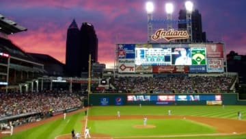 Jul 5, 2014; Cleveland, OH, USA; A general view of Progressive Field at sunset during the game between the Kansas City Royals and the Cleveland Indians. Mandatory Credit: David Richard-USA TODAY Sports
