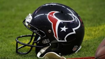 Aug 30, 2012; Houston, TX, USA; Houston Texans helmet on the sidelines against the Minnesota Vikings in the fourth quarter at Reliant Stadium. The Texans defeated the Vikings 28-24. Mandatory Credit: Brett Davis-USA TODAY Sports