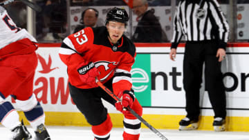NEWARK, NEW JERSEY - FEBRUARY 16: Jesper Bratt #63 of the New Jersey Devils heads for the net in the second period against the Columbus Blue Jackets at Prudential Center on February 16, 2020 in Newark, New Jersey. (Photo by Elsa/Getty Images)
