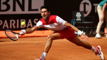 ROME, ITALY - MAY 16: Novak Djokovic of Serbia in action in his match against Nikoloz Basilashvili of Georgia during day four of the Internazionali BNL d'Italia 2018 tennis at Foro Italico on May 16, 2018 in Rome, Italy. (Photo by Julian Finney/Getty Images)