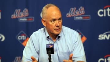 Aug 26, 2013; New York, NY, USA; New York Mets general manager Sandy Alderson speaks about starting pitcher Matt Harvey (not pictured) during a press conference before a game against the Philadelphia Phillies at Citi Field. It was announced today that Harvey has a partially torn UCL. Mandatory Credit: Brad Penner-USA TODAY Sports