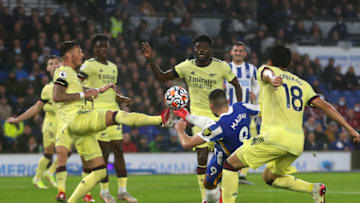 BRIGHTON, ENGLAND - OCTOBER 02: Ben White of Arsenal blocks a shot from Neal Maupay of Brighton & Hove Albion during the Premier League match between Brighton & Hove Albion and Arsenal at American Express Community Stadium on October 02, 2021 in Brighton, England. (Photo by Steve Bardens/Getty Images)