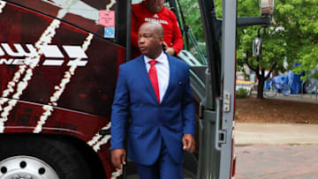 Nebraska Cornhuskers interim head coach Mickey Joseph gets off the bus (Kevin Jairaj-USA TODAY Sports)