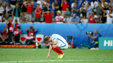 NICE, FRANCE - JUNE 27: Harry Kane of England shows his dejection after his team's 1-2 defeat in the UEFA EURO 2016 round of 16 match between England and Iceland at Allianz Riviera Stadium on June 27, 2016 in Nice, France. (Photo by Alex Livesey/Getty Images)