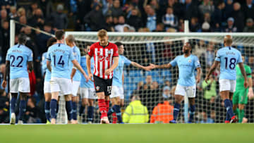 MANCHESTER, ENGLAND - NOVEMBER 04: Raheem Sterling of Manchester City celebrates with teammates after scoring his team's sixth goal during the Premier League match between Manchester City and Southampton FC at Etihad Stadium on November 4, 2018 in Manchester, United Kingdom. (Photo by Alex Livesey/Getty Images)