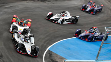 AD DIRIYAH, SAUDI ARABIA - DECEMBER 15: Oliver Rowland (GBR), Nissan e.Dams, Nissan IMO1, leads Lucas Di Grassi (BRA), Audi Sport ABT Schaeffler, Audi e-tron FE05, Sam Bird (GBR), Envision Virgin Racing, Audi e-tron FE05, Maximilian Gunther (DEU), Dragon Racing, Penske EV-3 and Robin Frijns (NLD), Envision Virgin Racing, Audi e-tron FE05 during the Formula E Championship Ad Diriyah E-Prix on December 15, 2018 in Ad Diriyah, Saudi Arabia. (Photo by Sam Bloxham/Handout/Getty Images)