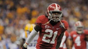 Jan 9, 2012; New Orleans, LA, USA; Alabama Crimson Tide defensive back Dre Kirkpatrick (21) reacts during the second half of the 2012 BCS National Championship game against the LSU Tigers at the Mercedes-Benz Superdome. Mandatory Credit: John David Mercer-USA TODAY Sports