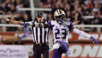 SALT LAKE CITY, UT - SEPTEMBER 15: Jordan Miller #23 of the Washington Huskies celebrates a play which resulted in a Utah Utes incomplete pass in the second half of a game at Rice-Eccles Stadium on September 15, 2018 in Salt Lake City, Utah. The Washington Huskies beat the Utah Utes 21-7. (Photo by Gene Sweeney Jr/Getty Images)