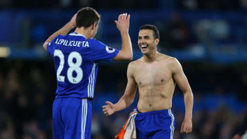LONDON, ENGLAND - APRIL 05: Pedro of Chelsea celebrates with Cesar Azpilicueta of Chelsea after the Premier League match between Chelsea and Manchester City at Stamford Bridge on April 5, 2017 in London, England. (Photo by Catherine Ivill - AMA/Getty Images)