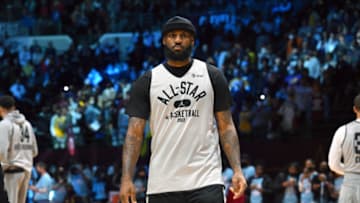 LeBron James #6 of Team LeBron walks on the court during the NBA All-Star practice at the Wolstein Center on February 19, 2022 in Cleveland, Ohio. NOTE TO USER: User expressly acknowledges and agrees that, by downloading and/or using this photograph, user is consenting to the terms and conditions of the Getty Images License Agreement. (Photo by Jason Miller/Getty Images)