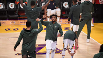 LOS ANGELES, CA - NOVEMBER 23: Donovan Mitchell #45 of the Utah Jazz is introduced prior to a game against the Los Angeles Lakers on November 23, 2018 at STAPLES Center in Los Angeles, California. Copyright 2018 NBAE (Photo by Adam Pantozzi/NBAE via Getty Images)