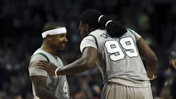 Jan 13, 2016; Boston, MA, USA; Boston Celtics forward Jae Crowder (99) talks with guard Isaiah Thomas (4) during the second half against the Indiana Pacers at TD Garden. Mandatory Credit: Bob DeChiara-USA TODAY Sports