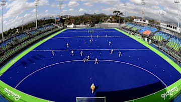Germany's women's hockey team players attend a training session at the Olympic Hockey Centre in Rio de Janeiro on August 4, 2016 ahead of the Rio 2016 Olympic Games. / AFP / MANAN VATSYAYANA (Photo credit should read MANAN VATSYAYANA/AFP/Getty Images)