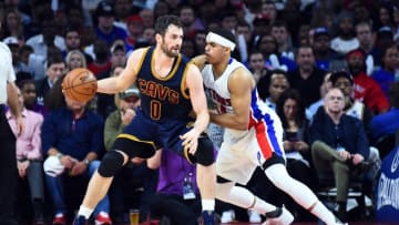 Apr 22, 2016; Auburn Hills, MI, USA; Cleveland Cavaliers forward Kevin Love (0) backs down Detroit Pistons forward Tobias Harris (34) during the third quarter in game three of the first round of the NBA Playoffs at The Palace of Auburn Hills. Mandatory Credit: Tim Fuller-USA TODAY Sports