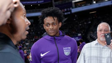 SACRAMENTO, CA - NOVEMBER 25: De'Aaron Fox #5 of the Sacramento Kings looks on during the game against the Utah Jazz on November 25, 2018 at Golden 1 Center in Sacramento, California. NOTE TO USER: User expressly acknowledges and agrees that, by downloading and or using this photograph, User is consenting to the terms and conditions of the Getty Images Agreement. Mandatory Copyright Notice: Copyright 2018 NBAE (Photo by Rocky Widner/NBAE via Getty Images)