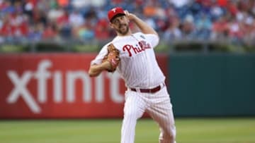 Philadelphia Phillies starting pitcher Cliff Lee (33) pitches during the second inning of a game against the San Francisco Giants at Citizens Bank Park. Mandatory Credit: Bill Streicher-USA TODAY Sports