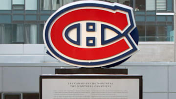 Feb 29, 2020; Montreal, Quebec, CAN; View of the Montreal Canadiens logo as seen near the Bell Centre entrance before the game against Carolina Hurricanes. Mandatory Credit: Jean-Yves Ahern-USA TODAY Sports