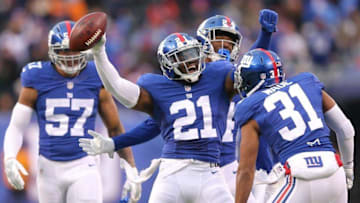 Nov 20, 2016; East Rutherford, NJ, USA; New York Giants safety Landon Collins (21) celebrates with teammates after making a game-ending interception against the Chicago Bears during the fourth quarter at MetLife Stadium. Mandatory Credit: Brad Penner-USA TODAY Sports