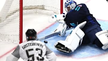 Sep 8, 2016; Quebec City, Quebec, Canada; Team Europe goalie Jaroslav Halak (41) makes a save against Team North America defenseman Shayne Gostisbehere (53) during the second period of the World Cup of Hockey pre-tournament game at Videotron Centre. Mandatory Credit: Jean-Yves Ahern-USA TODAY Sports