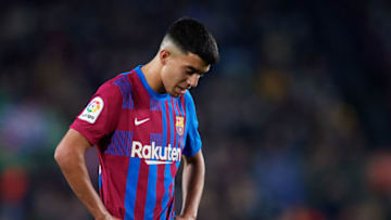 BARCELONA, SPAIN - NOVEMBER 20: Ilias Akhomach of FC Barcelona looks down during the La Liga Santander match between FC Barcelona and RCD Espanyol at Camp Nou on November 20, 2021 in Barcelona, Spain. (Photo by Alex Caparros/Getty Images)