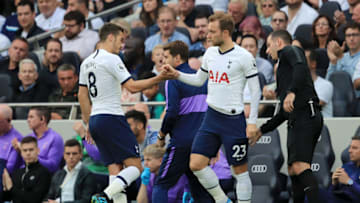 LONDON, ENGLAND - AUGUST 10: Harry Winks of Tottenham Hotspur is replaced by Christian Eriksen of Tottenham Hotspur during the Premier League match between Tottenham Hotspur and Aston Villa at Tottenham Hotspur Stadium on August 10, 2019 in London, United Kingdom. (Photo by Marc Atkins/Getty Images)