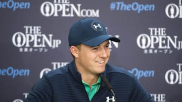Jul 12, 2016; Ayrshire, SCT; Jordan Spieth (USA) speaks at his press conference before his practice round for the 145th Open Championship golf tournament at Royal Troon Golf Club - Old Course. Mandatory Credit: Ian Rutherford-USA TODAY Sports
