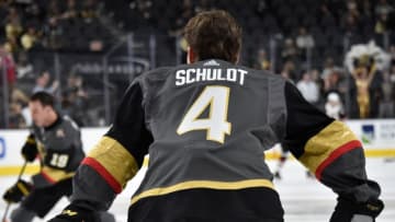 LAS VEGAS, NV - APRIL 04: Jimmy Schuldt #4 of the Vegas Golden Knights warms up prior to a game against the Arizona Coyotes at T-Mobile Arena on April 4, 2019 in Las Vegas, Nevada. (Photo by David Becker/NHLI via Getty Images)