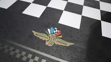 INDIANAPOLIS, IN - SEPTEMBER 08: Rain is seen on the Indianapolis Motor Speedway logo prior to practice for the Monster Energy NASCAR Cup Series Big Machine Vodka 400 at the Brickyard at Indianapolis Motor Speedway on September 8, 2018 in Indianapolis, Indiana. (Photo by Sean Gardner/Getty Images)