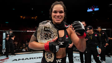 RIO DE JANEIRO, BRAZIL - MAY 12: Amanda Nunes of Brazil celebrates victory over Raquel Pennington of the United States in their women's bantamweight bout during the UFC 224 event at Jeunesse Arena on May 12, 2018 in Rio de Janeiro, Brazil. (Photo by Buda Mendes/Zuffa LLC/Zuffa LLC)
