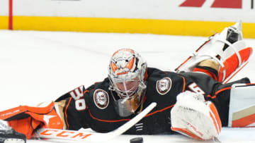 Apr 13, 2023; Anaheim, California, USA; Anaheim Ducks goaltender John Gibson (36) makes a save against the LA Kings in the third period at Honda Center. Mandatory Credit: Kirby Lee-USA TODAY Sports