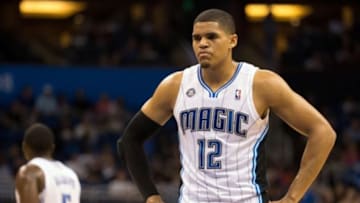 Mar 2, 2014; Orlando, FL, USA; Orlando Magic small forward Tobias Harris (12) during the second half of the game against the Philadelphia 76ers at the Amway Center. Orlando defeated Philadelphia 92-81. Mandatory Credit: Rob Foldy-USA TODAY Sports