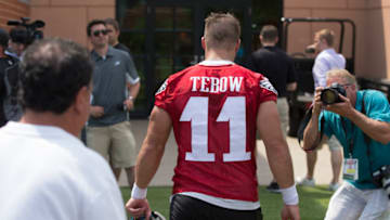 PHILADELPHIA, PA - MAY 28: Tim Tebow #11 of the Philadelphia Eagles walks off the field after OTA's on May 28, 2015 at the NovaCare Complex in Philadelphia, Pennsylvania. (Photo by Mitchell Leff/Getty Images)