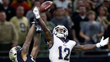 NEW ORLEANS, LA - NOVEMBER 04: P.J. Williams #26 of the New Orleans Saints breaks up the pass meant for Brandin Cooks #12 of the Los Angeles Rams during the fourth quarter of the game at Mercedes-Benz Superdome on November 4, 2018 in New Orleans, Louisiana. The Saints won the game 45-35. (Photo by Wesley Hitt/Getty Images)