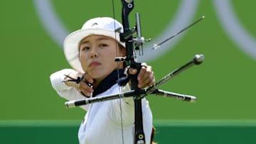 RIO DE JANEIRO, BRAZIL - AUGUST 09: Hyejin Chang of Korea competes in the Women's Individual 1/32 Elimination Round on Day 4 of the Rio 2016 Olympic Games at the Sambodromo on August 9, 2016 in Rio de Janeiro, Brazil. (Photo by Matthias Hangst/Getty Images)