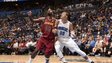 ORLANDO, FL - OCTOBER 13: Jeff Green #32 of the Cleveland Cavaliers plays defense against Aaron Gordon #00 of the Orlando Magic during the preseason game on October 13, 2017 at Amway Center in Orlando, Florida. NOTE TO USER: User expressly acknowledges and agrees that, by downloading and or using this photograph, User is consenting to the terms and conditions of the Getty Images License Agreement. Mandatory Copyright Notice: Copyright 2017 NBAE (Photo by Gary Bassing/NBAE via Getty Images)