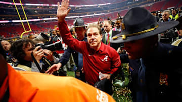 ATLANTA, GA - JANUARY 08: Head coach Nick Saban of the Alabama Crimson Tide celebrates beating the Georgia Bulldogs in overtime to win the CFP National Championship presented by AT&T at Mercedes-Benz Stadium on January 8, 2018 in Atlanta, Georgia. Alabama won 26-23. (Photo by Jamie Squire/Getty Images)