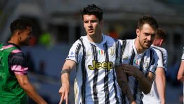 ARTEMIO FRANCHI STADIUM, FLORENCE, ITALY - 2021/04/25: Alvaro Morata of Juventus FC celebrates with Aaron Ramsey after scoring the goal of 1-1 during the Serie A football match between ACF Fiorentina and Juventus FC. ACF Fiorentina and Juventus FC drew 1-1. (Photo by Andrea Staccioli/Insidefoto/LightRocket via Getty Images)