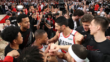 Damian Lillard, Blazers after shooting the game and series -winning 3-point basket against OKC Thunder Round One of the 2019 NBA Playoffs (Photo by Zach Beeker/NBAE via Getty Images)