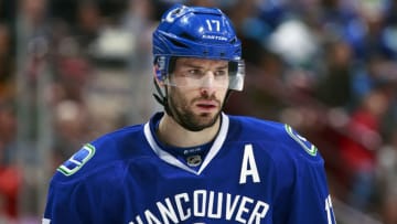 VANCOUVER, BC - APRIL 1: Ryan Kesler #17 of the Vancouver Canucks looks on from the bench during their NHL game against the New York Rangers at Rogers Arena April 1, 2014 in Vancouver, British Columbia, Canada. New York won 3-1. (Photo by Jeff Vinnick/NHLI via Getty Images)