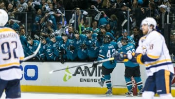 Apr 29, 2016; San Jose, CA, USA; San Jose Sharks right wing Joel Ward (42) celebrates with teammates on the bench after scoring a goal against the Nashville Predators in the third period in game one of the second round of the 2016 Stanley Cup Playoffs at SAP Center at San Jose. The Sharks won 5-2. Mandatory Credit: John Hefti-USA TODAY Sports